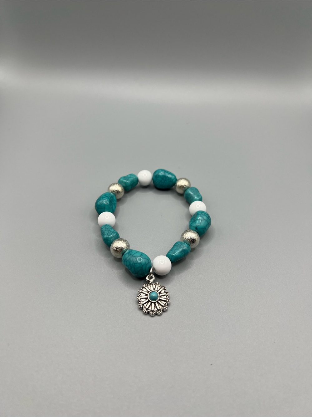 Turquoise Bead Stretch Bracelet with Sunburst Charm - Handmade #B0346T